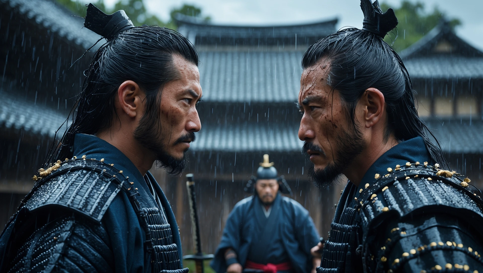 A cinematic scane from 1185, Wide shot of a two japan samurai face to face ready to fight during rain, deph composition, tense atmosphere, captured by by arri alexa, film directed by wes anderson emoji