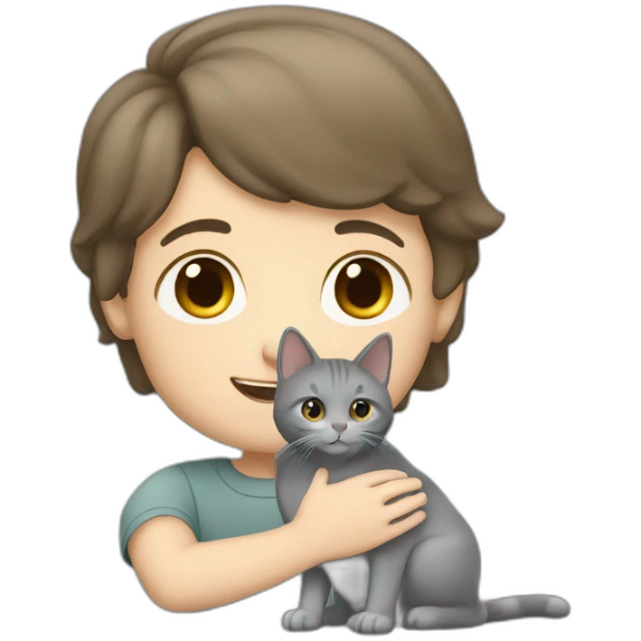White brunette boy petting grey cat emoji
