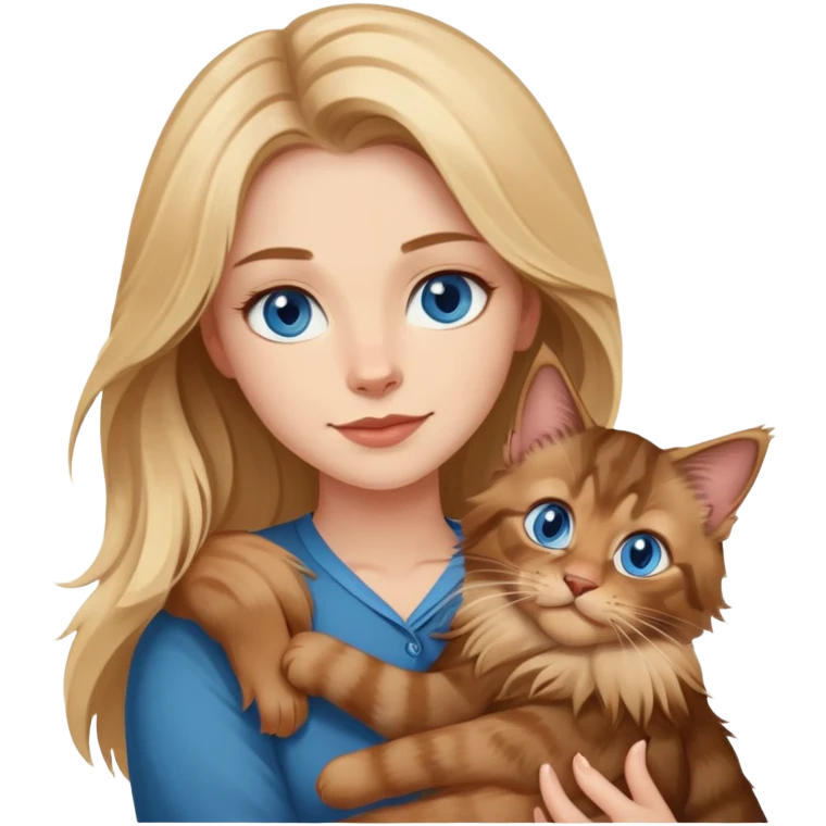 A blonde blue eyed woman holds a brown Maine Coon cat in her arms emoji