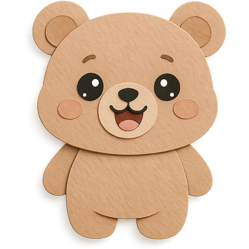 super cute, soft, adorable little bear in paper craft style, soft pastel brown color, happy open-mouth smile, round face, big sparkling eyes, round ears, chubby body, extremely soft and cute expression, clean lines emoji