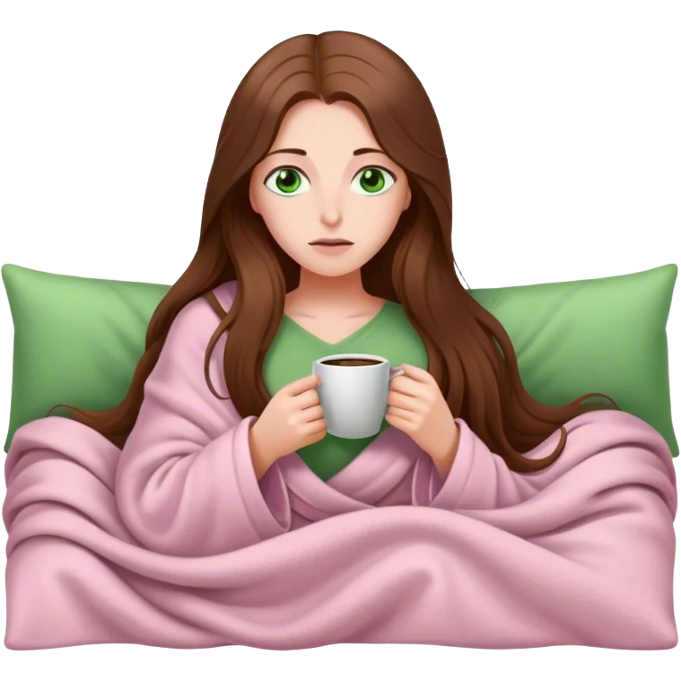 woman with very long brown hair and green eyes in a light pink blanket sleepy with coffee emoji