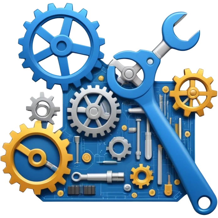 An icon featuring gears, a wrench, and a blueprint, symbolizing engineering. The design includes a mechanical arm, circuit boards, and construction tools, representing innovation, problem-solving, and technological advancement. Transparent background highlights the science of design emoji