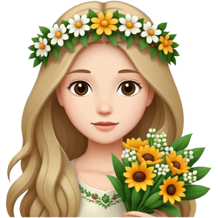 Beautiful girl with long hair and a wreath holding a bouquet of flowers emoji