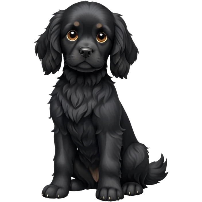 cinematic-[black cocker spaniel dog]-realistic-full-body-sitting-emoji,-tail-resting-loosely-beside-its-paws,-head-tilted-dramatically,-scruffy-[solid black]-fur,-simplified-yet-realistic-focused-features,-highly-detailed,-glowing-with-an-almost-sarcastic-glow emoji