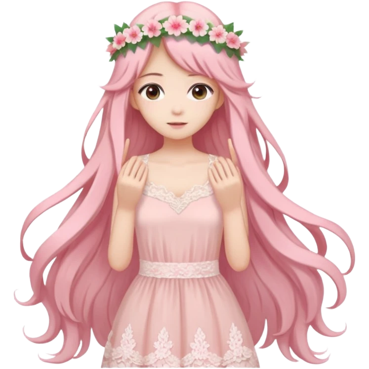 pastel anime woman with pink and white lace dress full body and long hair with flower crown emoji