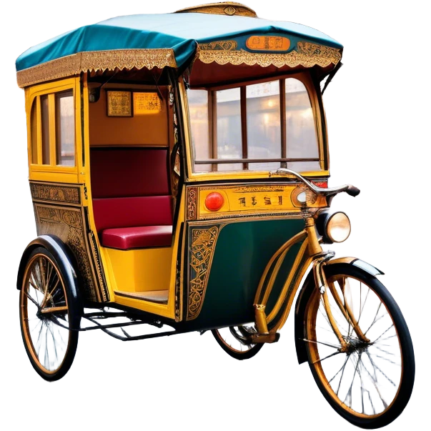 Cyclo rickshaw – Cinematic Realistic Cyclo Rickshaw, depicted as a charming, ornately painted three-wheeled cycle taxi with vintage detailing, set on bustling city streets under dynamic urban lighting that evokes cultural heritage and nostalgic charm. emoji