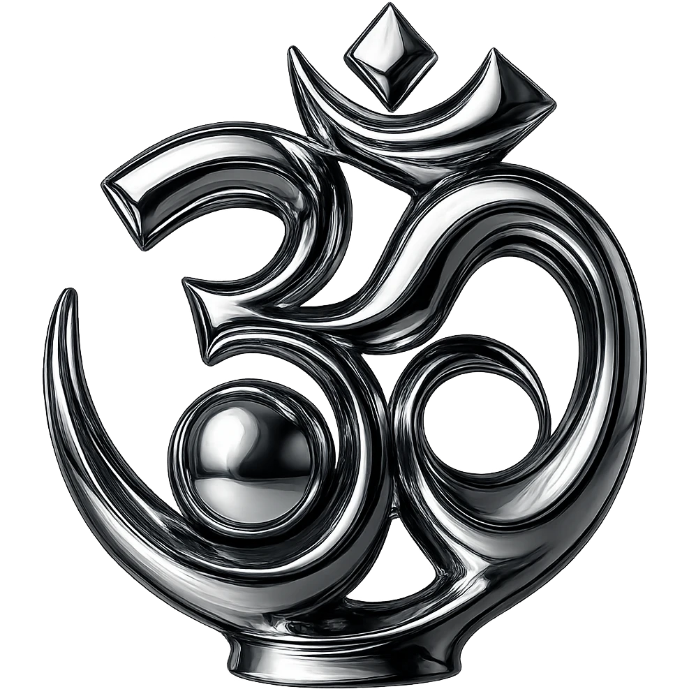 Place a luminous chrome sphere in the center of the abstract Om symbol, keep the style swirling and metallic, with no background. emoji