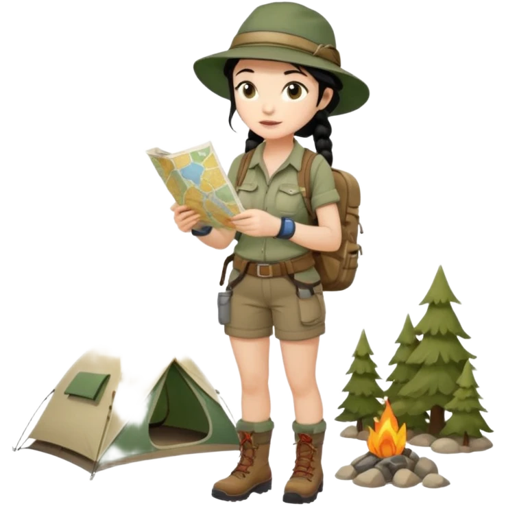A braid black hair backpacking woman checking her map with curious eyes while walking wear camping hat and dirt covered boots full body emoji