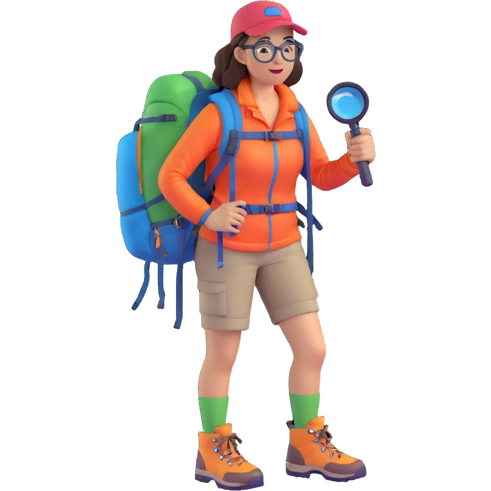 Happy energetic woman in her late 30s with glasses wearing colorful sporty outfit, hiking boots, and backpack, examining with a magnifying glass emoji