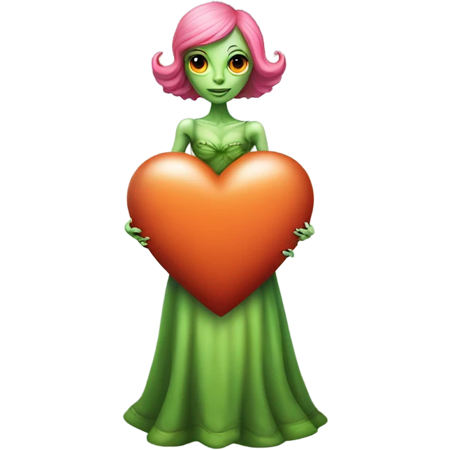 a green alien woman in Victorian orange dress, pink hair,holdig, red big hearth, full body emoji