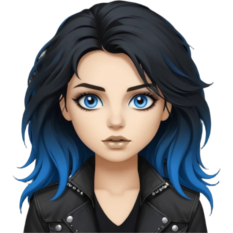 
 rockstar girl with long total black disheveled hair, blue eyes, Smokey eyes rockstar grunge makeup, rocking  emoji