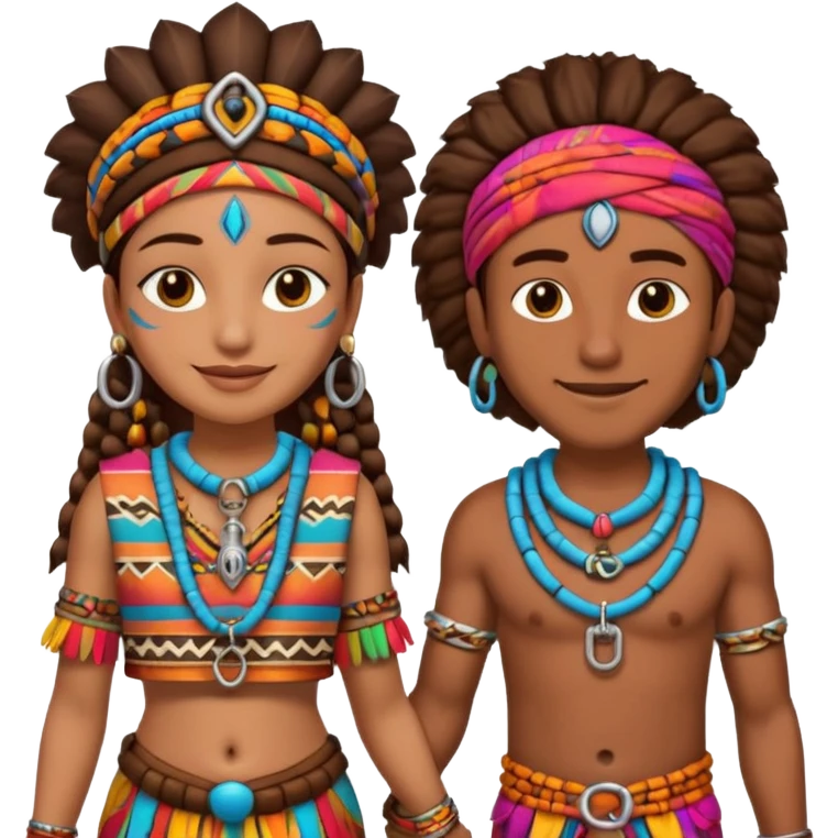 A happy tribal man holding hands with a happy tribal woman wearing a lock emoji