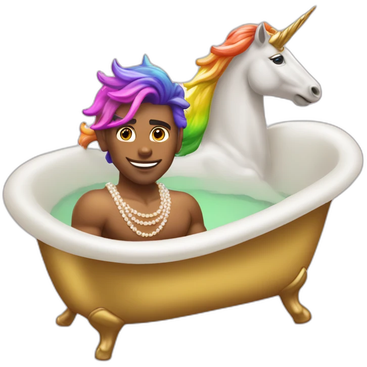 posh-muscle-boy-with-pearl-necklace-and-rainbow-unicorn-hair-in-golden-bathtub emoji