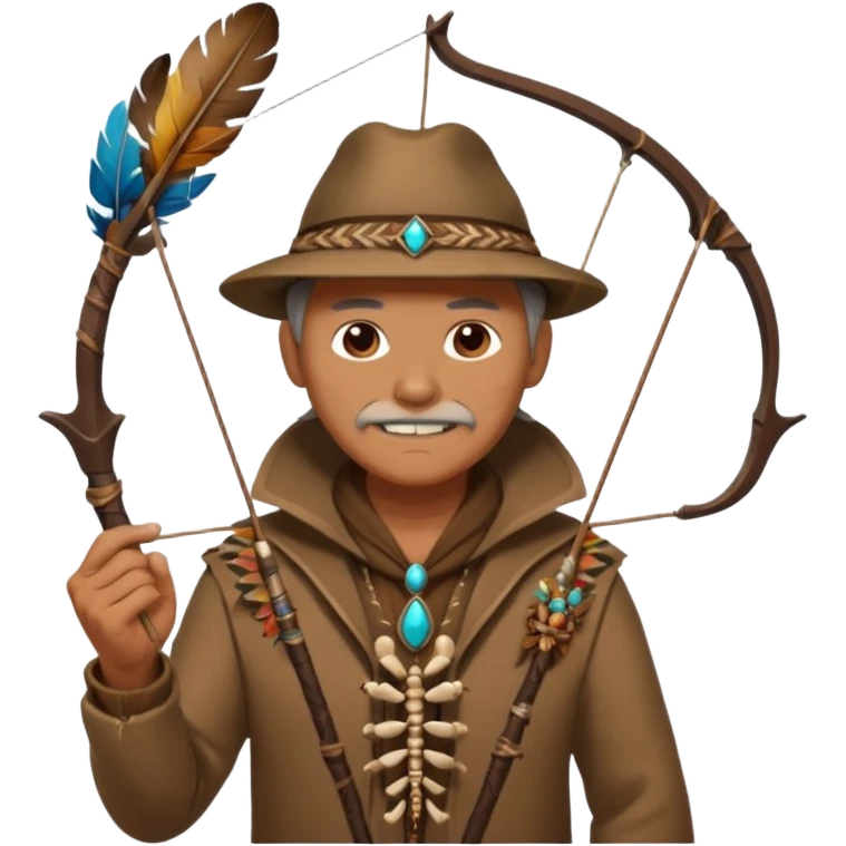 The classic image of a middle-aged uncle hunter carrying a bow, dressed in brown clothes, with some ornaments made of feathers, bones or teeth on his body. emoji