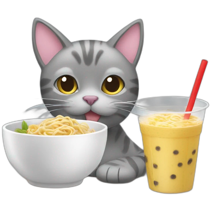 grey cat eating noodles next to bubble tea emoji