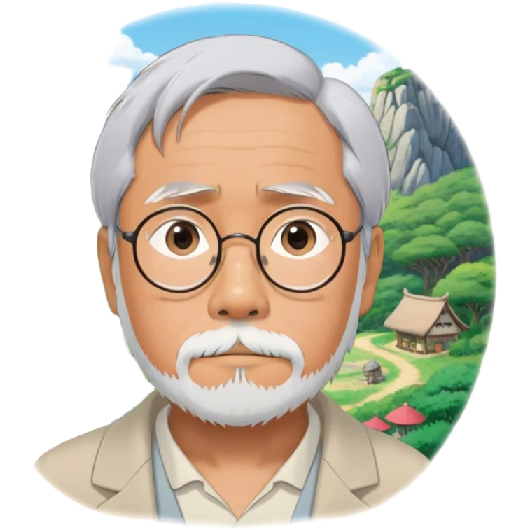Hayao Miyazaki (filmmaker) – Cinematic Realistic Portrait of Hayao Miyazaki, portrayed with gentle, wise eyes and a thoughtful expression, set against a backdrop of whimsical sketches and animated landscapes reminiscent of Studio Ghibli, rendered with soft natural lighting and rich, detailed textures that evoke creative magic. emoji