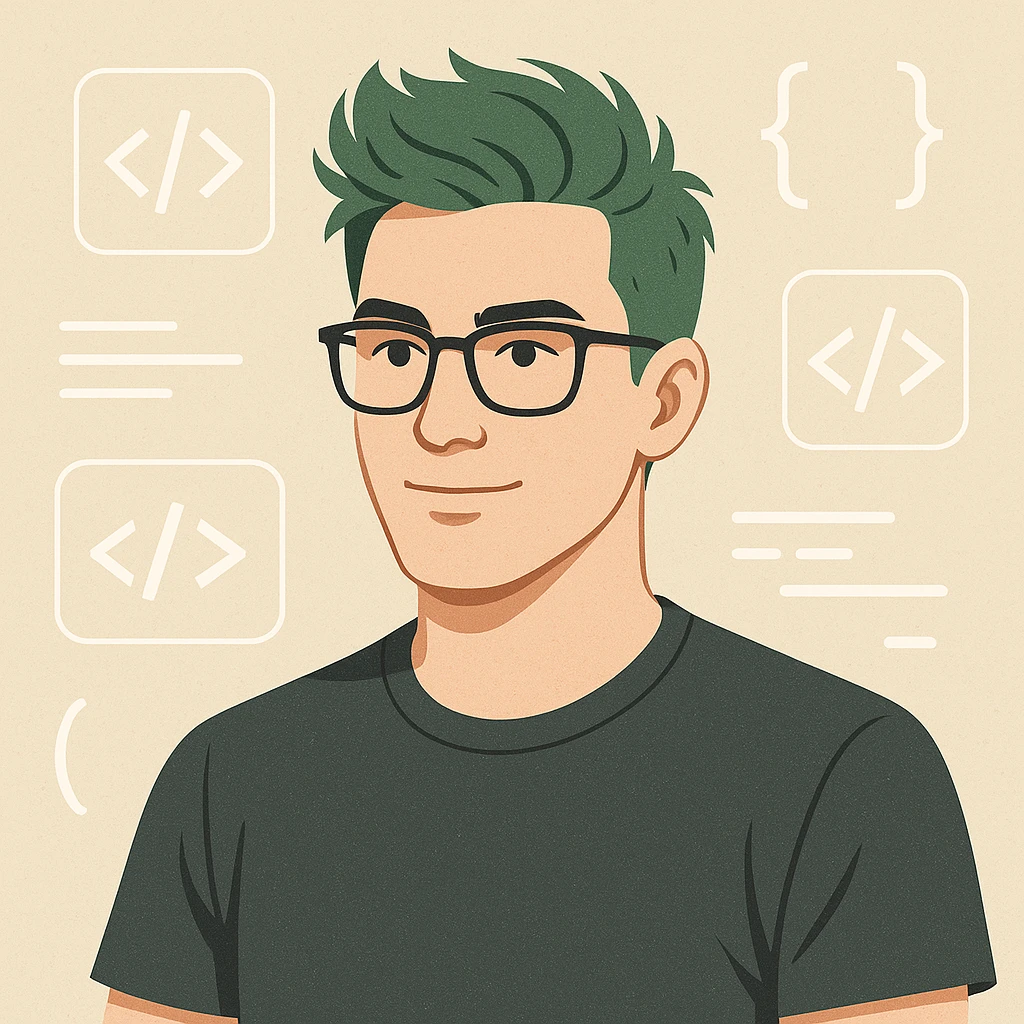 male software developer with green hair, wearing glasses, surrounded by code symbols emoji