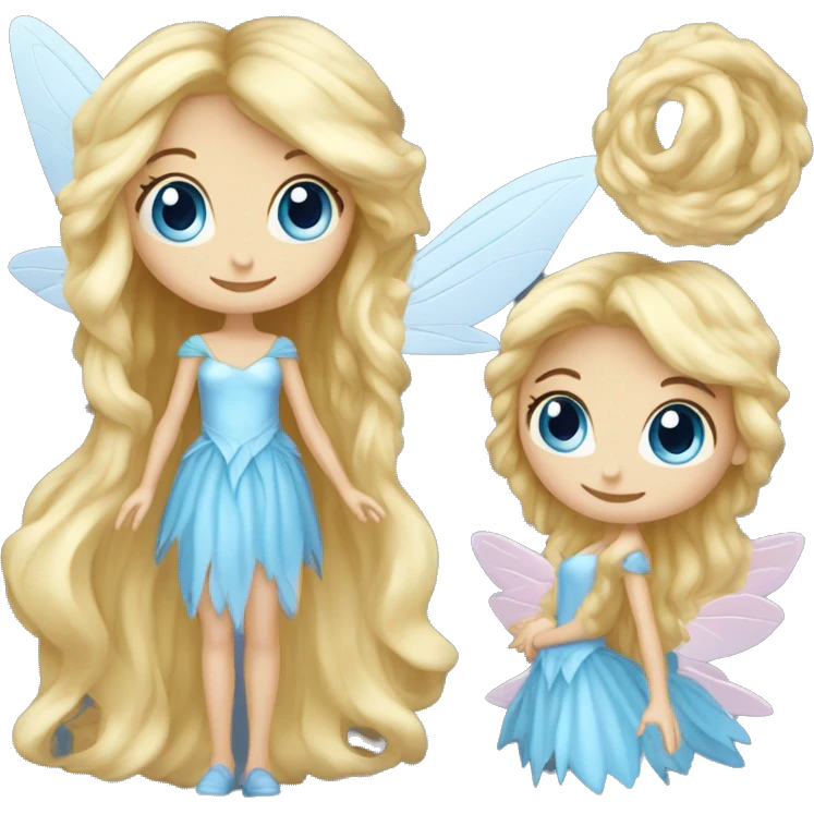 Create a blonde haired fairy with blue eyes and a pink dress. White wings. The fairy has long, curly hair with a lot of volume emoji