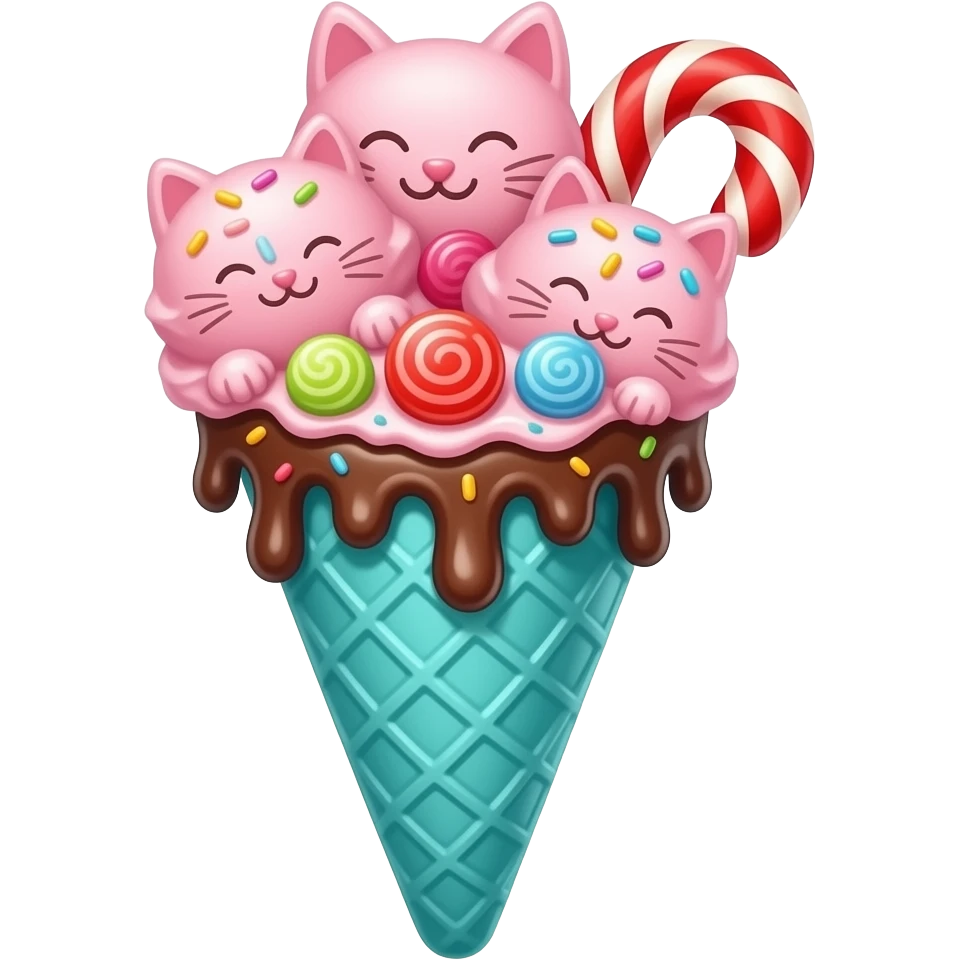 Pink cat shaped ice cream scoops with sprinkles and  red licorice  and candies with chocolate sauce in a cyan waffle ice cream cone emoji