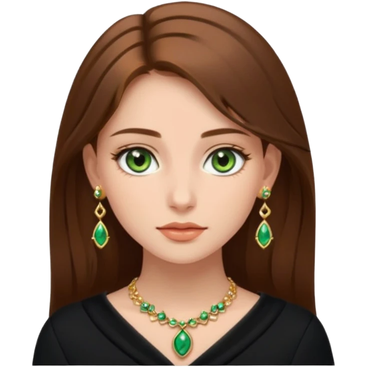 Μια κοπέλα καστανή με μαύρα ωραία ρουχα και σκουλαρίκια και κοσμήματα και βαμμένη ελαφρό και πράσινα μάτια τα κοσμήματα λίγα και χρυσα τα κοσμήματα να είναι λίγα και λεπτα emoji
