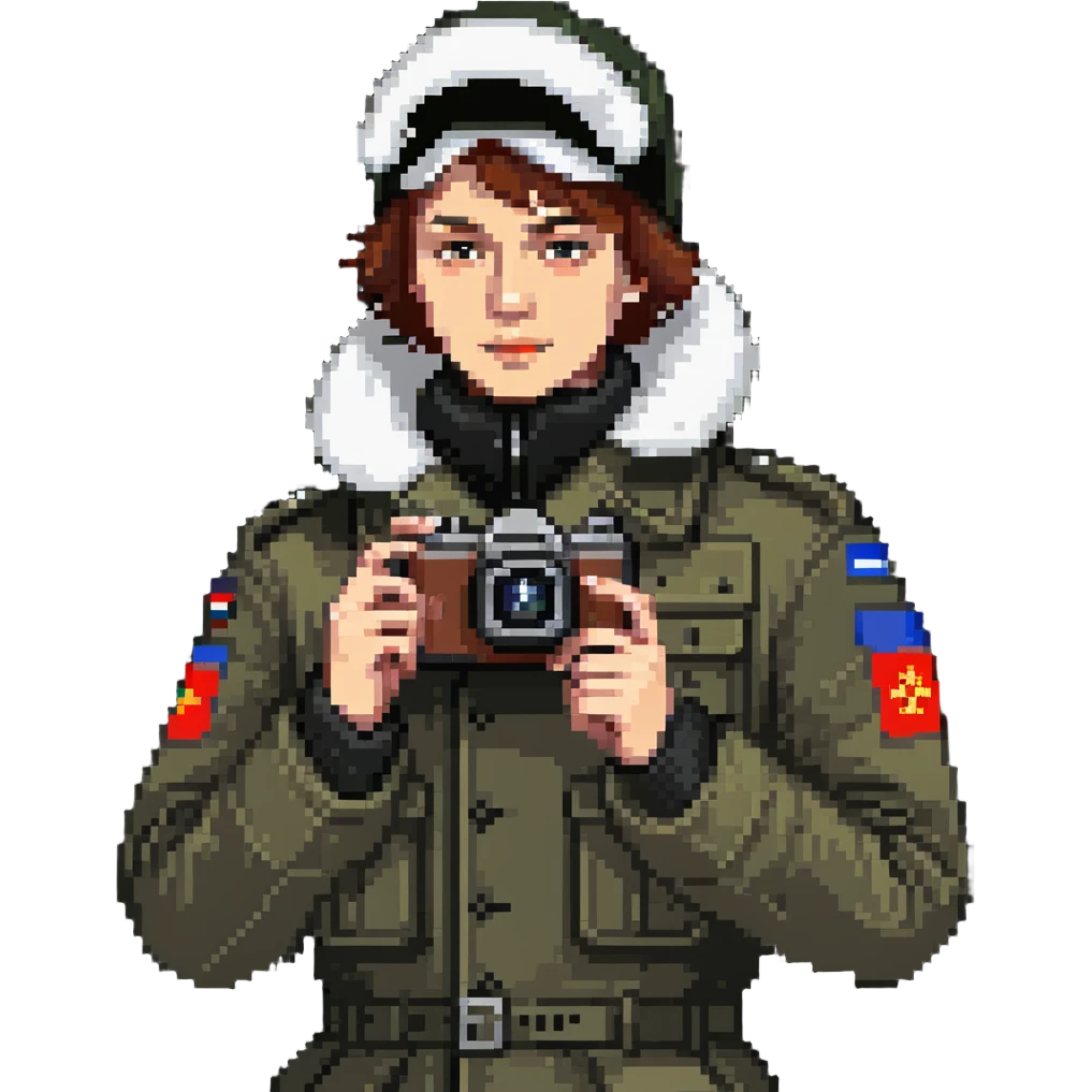Russian army blogger in an ushanka and vatnik, with a camera or phone emoji