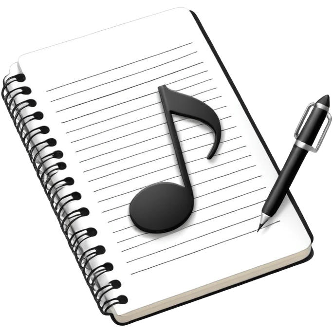Minimalistic flat vector icon, iOS style, thin black contour on white background. Small notebook with a musical note on the cover, a pen placed next to it. Clean, modern, no text, no shadows. emoji