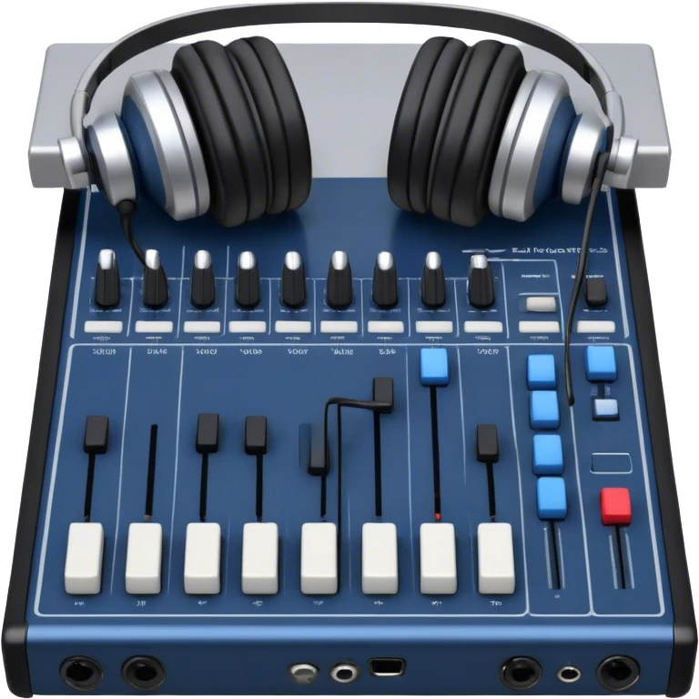 Create a professional and technical emoji that represents sound engineering. The design should feature a sound mixing console with faders, a pair of studio headphones, and audio waveforms to symbolize the precision and technicality of sound mixing and mastering. Include elements like a microphone or audio cables to reflect the recording aspect. Use colors like silver, black, and dark blue to represent the technical, yet artistic side of sound engineering. The background should be transparent. emoji