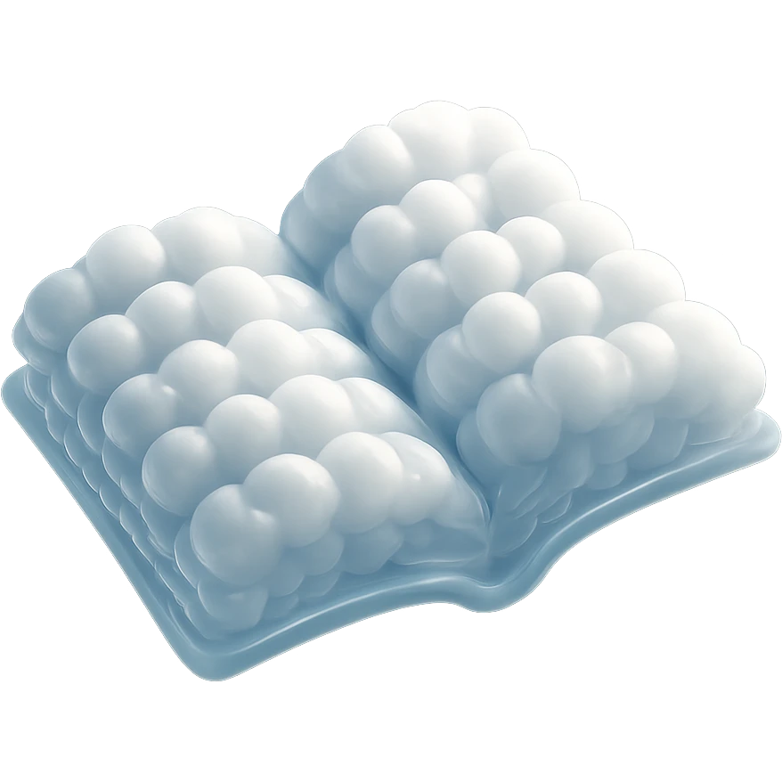 thick open book viewed from above, made entirely of small very bright white fluffy convex clouds, matte glass style, emphasis on volume and airiness, no background emoji