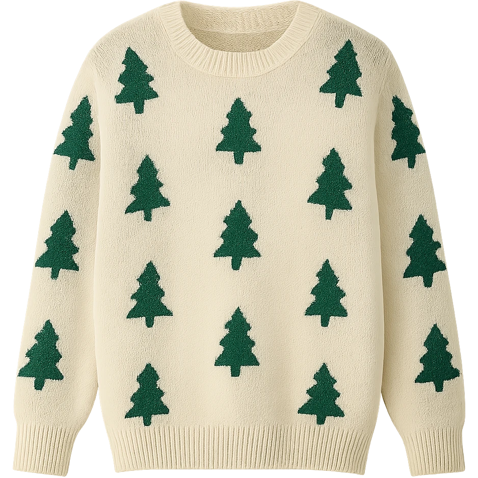 christmas jumper white with Christmas trees cozy look emoji