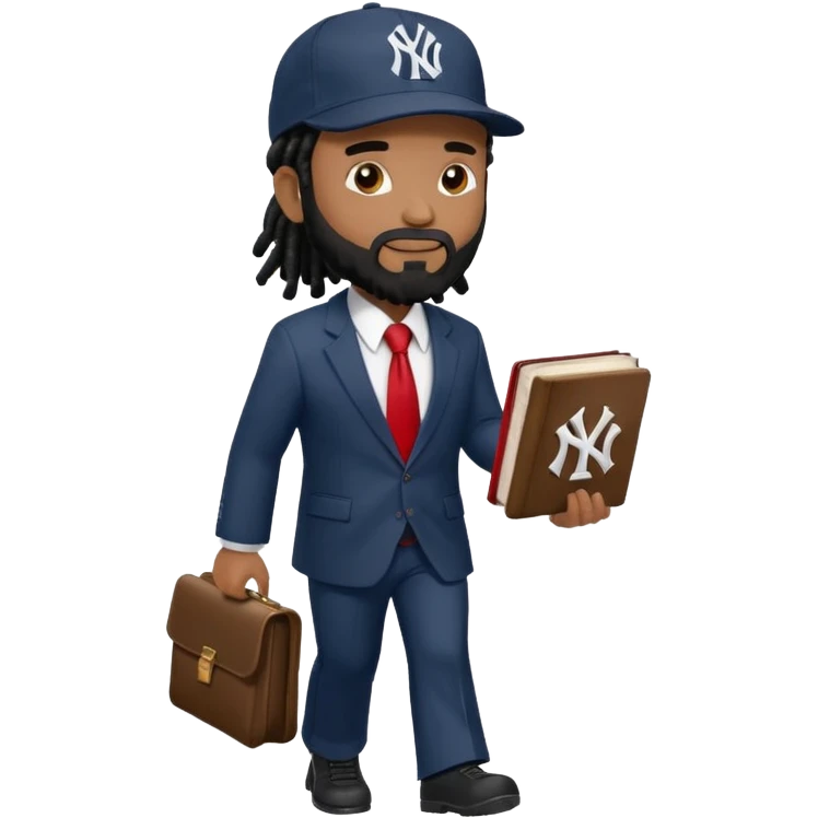 African American man with shoulder length black dreadlocks with black beard wearing a New York Yankees logo baseball cap wearing a suit with red tie walking right holding a Holy Bible emoji