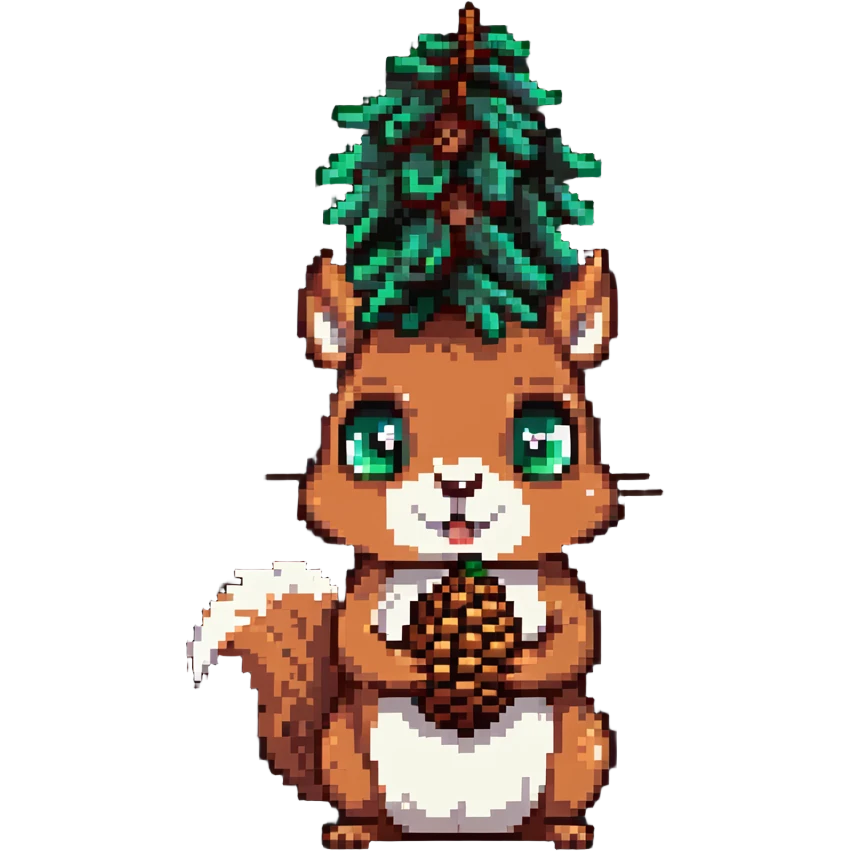 A greedy squirrel with a large pine cone balanced on its head, with a weird facial expression and wide eyes emoji