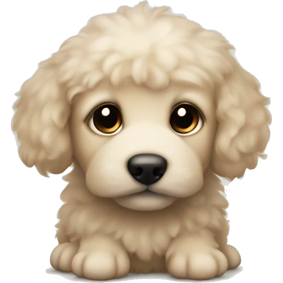Small beige fluffy puppy with round floppy ears and black snout and ears emoji
