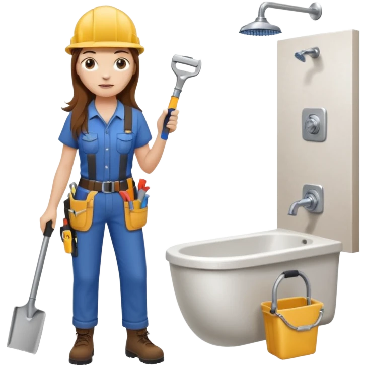 beautiful girl with long brown hair constructing new bathroom area with new shower and amenities  emoji