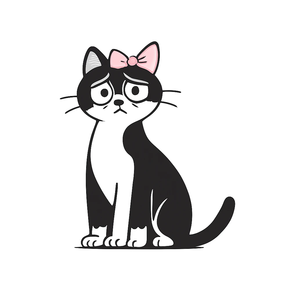 Add a light pink bow to the cat with bags under its eyes, keeping the original style of the image. emoji