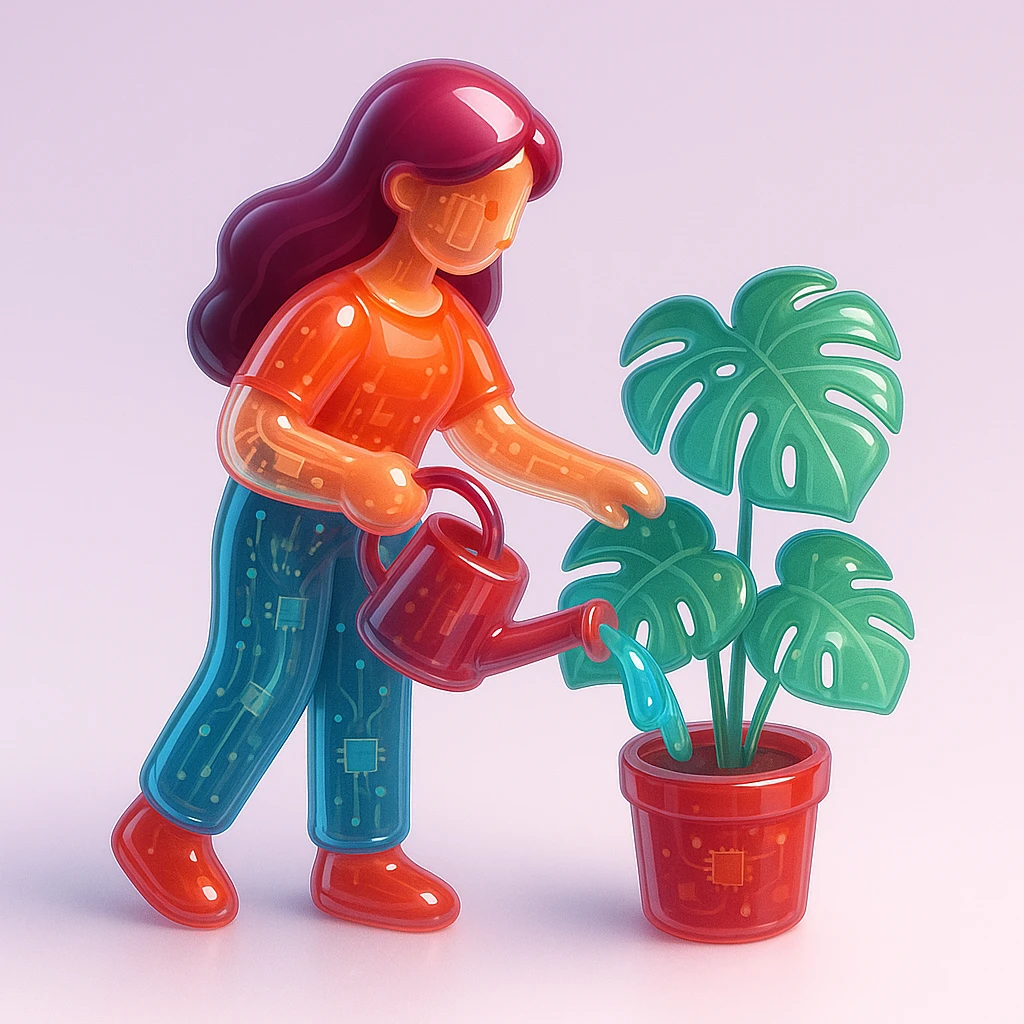 woman watering her monstera plant emoji
