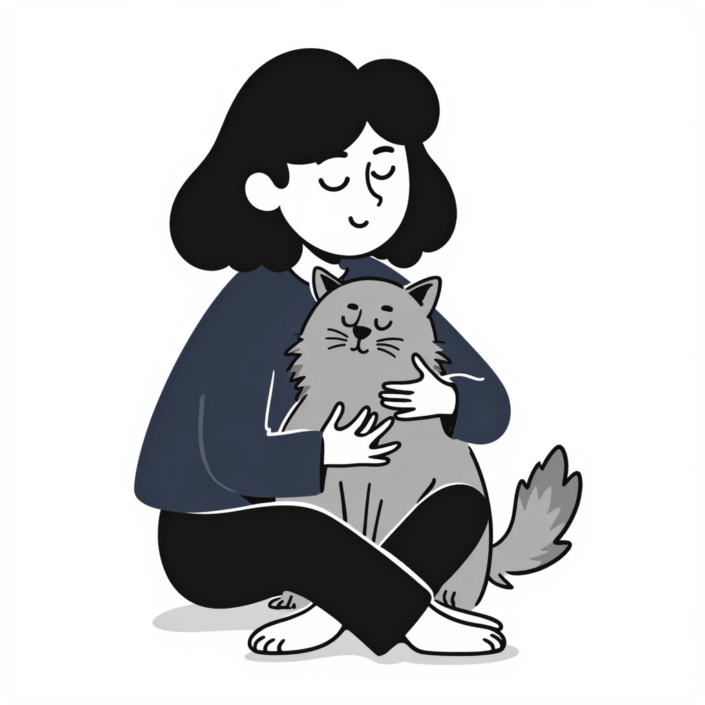 Brunette girl with dark blue sweatshirt snuggling a fluffy grey Siberian cat emoji