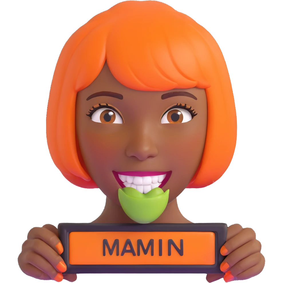 dark skinned Black woman with orange bob wig like Chucky's hair, visible plaque on her teeth emoji