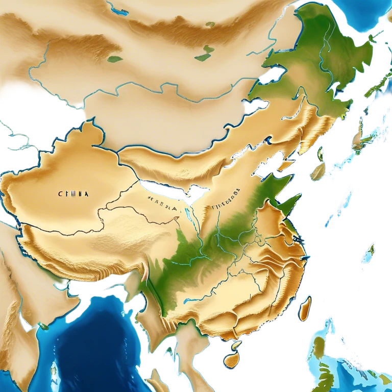 Cinematic-realistic outline of china, featuring its distinct landmass with accurately defined coastlines. The deep blue ocean surrounds the golden-brown continent, with subtle topographic shading to highlight its terrain. A soft glowing effect enhances the edges, making the shape stand out against a neutral, textured background. emoji