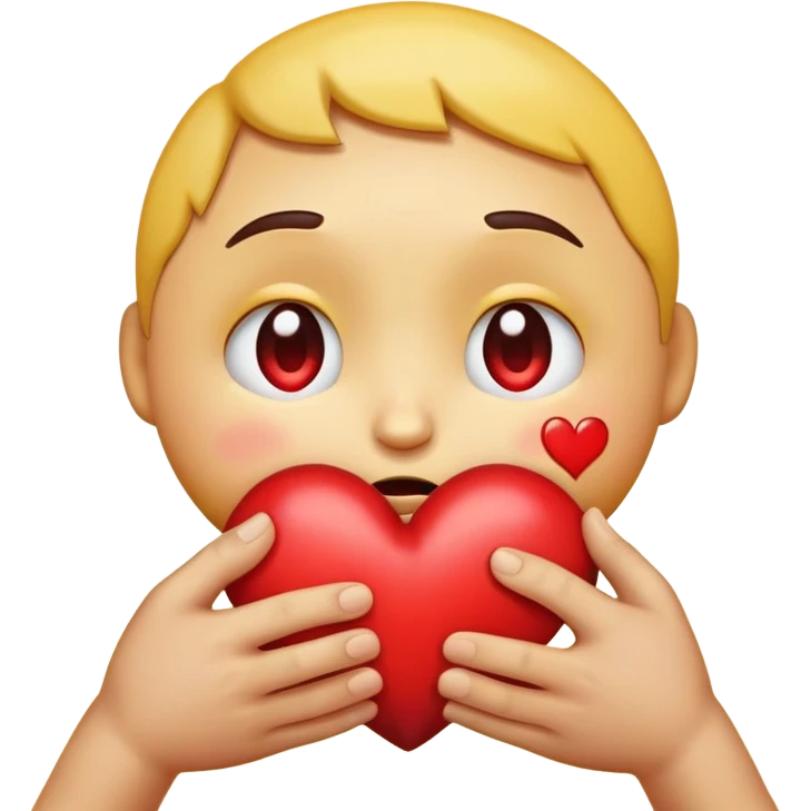 > "A round yellow emoji face with big, shiny, teary eyes, holding a red broken heart close to its chest with both hands, showing a caring and comforting expression, 2D digital art, soft shading, simple background." emoji