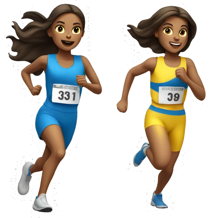 3 white brunette girls running a race with yellow blue and white outfits  emoji
