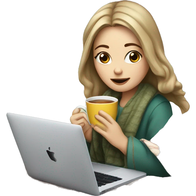 White Girl drinking tea with blanket on a macbook emoji