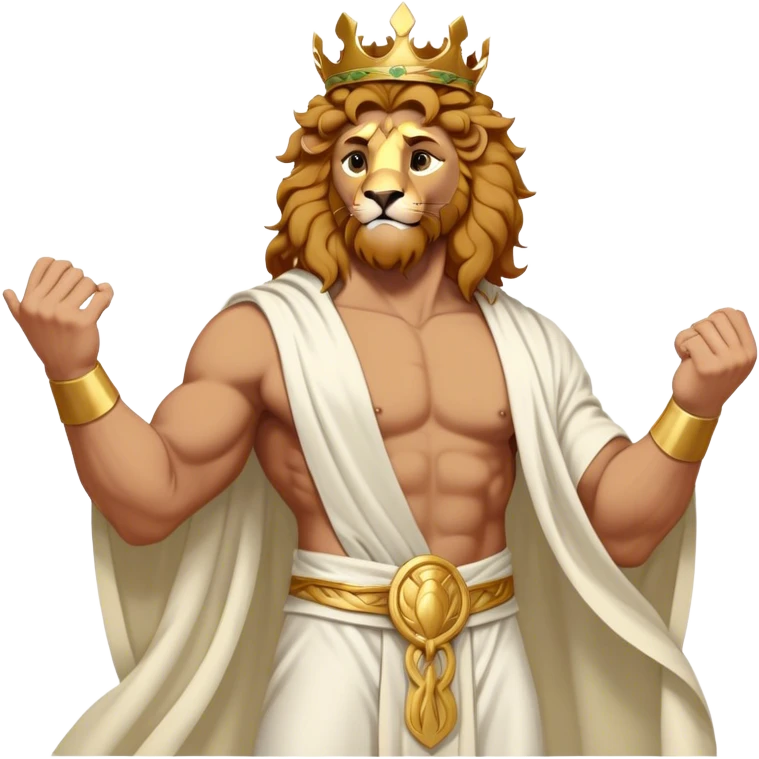 Cinematic Realistic Hercules Portrait, captured in a dramatic lion-wrestling pose that epitomizes raw, heroic strength. His light tan, athletic skin and thick, curly, golden brown hair are showcased as he grapples with a majestic lion, his refined face reminiscent of Michelangelo's David marked by noble determination. Draped in a flowing white robe with understated golden accents and crowned with a classic Greek laurel wreath, dynamic natural lighting accentuates every muscular contour and fierce, commanding expression, embodying the essence of ancient valor. emoji
