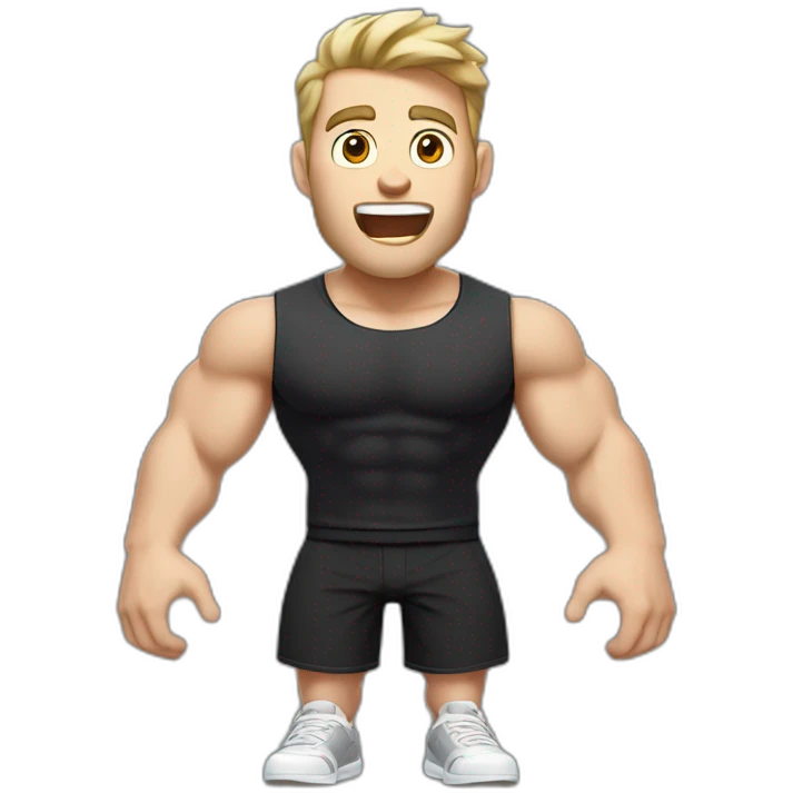 amazed Open with surprise mouth Pale skinned Fit Man With the biceps and dark brown hair in black shirt, gray sports shorts and white Sneakers emoji