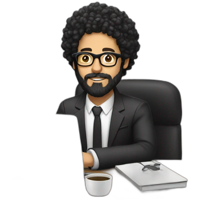 men with black curly hair and beard and golden glasses work hard on computer emoji