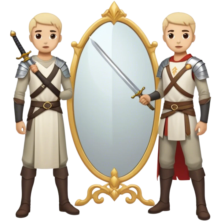 A person standing in front of a mirror, looking at their own reflection, while a sword on the ground beside them. The mirror represents self-awareness and acceptance emoji