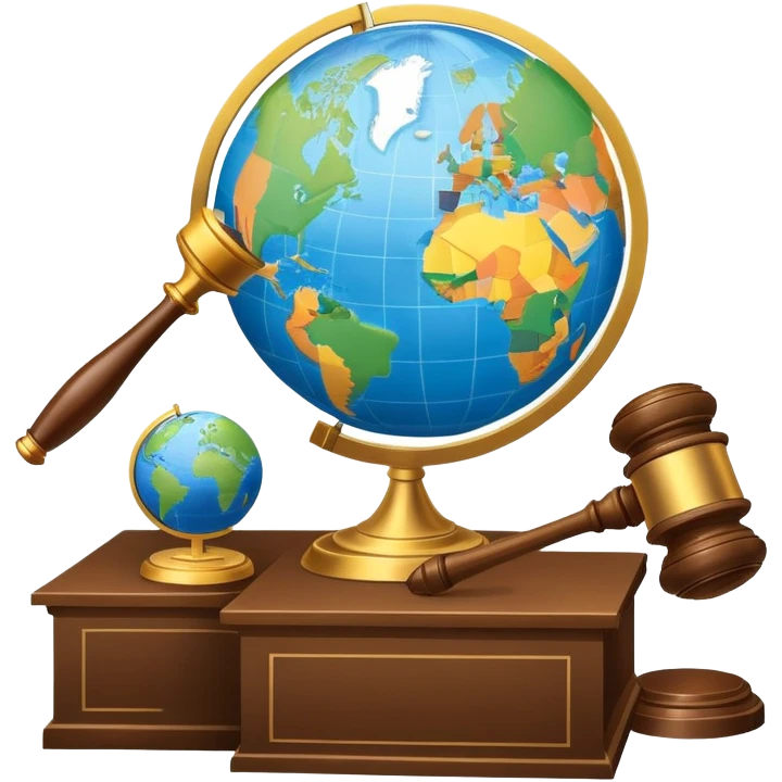 An icon featuring a globe with a gavel and a political map, symbolizing political science. The design includes a ballot box and a podium, representing democracy and governance. Transparent background highlights the study of political systems and global relations. emoji