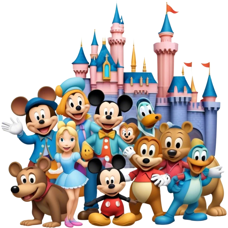 Colorful icon for Animated Movies: A vibrant collage featuring iconic characters like Goofy, Mickey Mouse, Franco, Masha and the Bear and Luntik. Each character should be large and bright, set against a cheerful and playful background of Disneyland. Transparent background. emoji