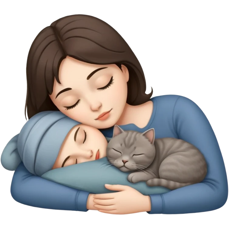 Grey scottish fold cat and brunette woman sleeping together  emoji