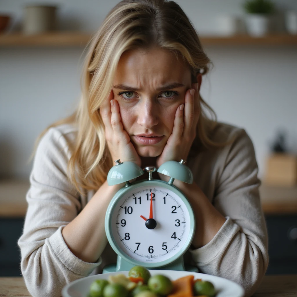 adult woman, photorealistic, weighing food with kitchen scale showing error icon, disheartened expression, natural light, kitchen background emoji