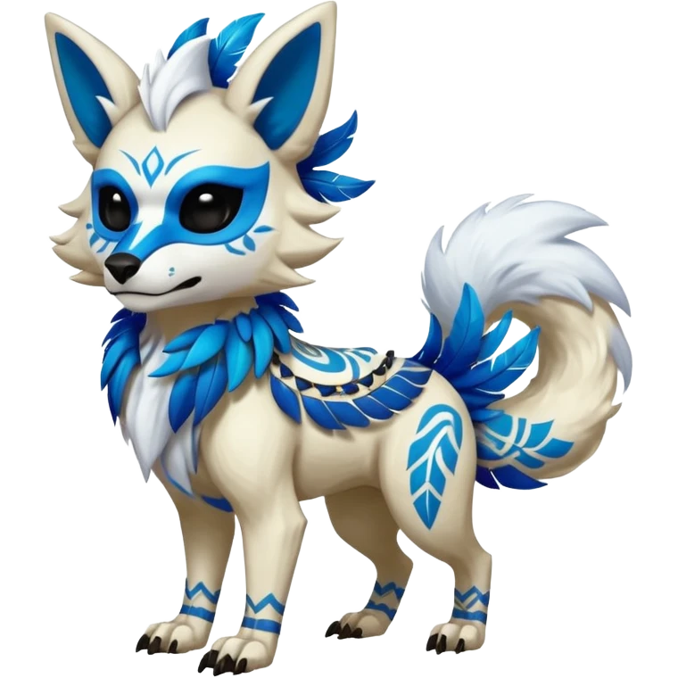 Furry cute colorful exotic tribal feral anime-styled Fakémon-Pokémon-animal-creature with a white wolf-skull-head-mask-face, and blue feathers around neck, with long furry ears, long furry tail, 4 legs, (full body), with intricate pattern-markings emoji